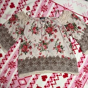 Angie Cream and Brown Floral Blouse